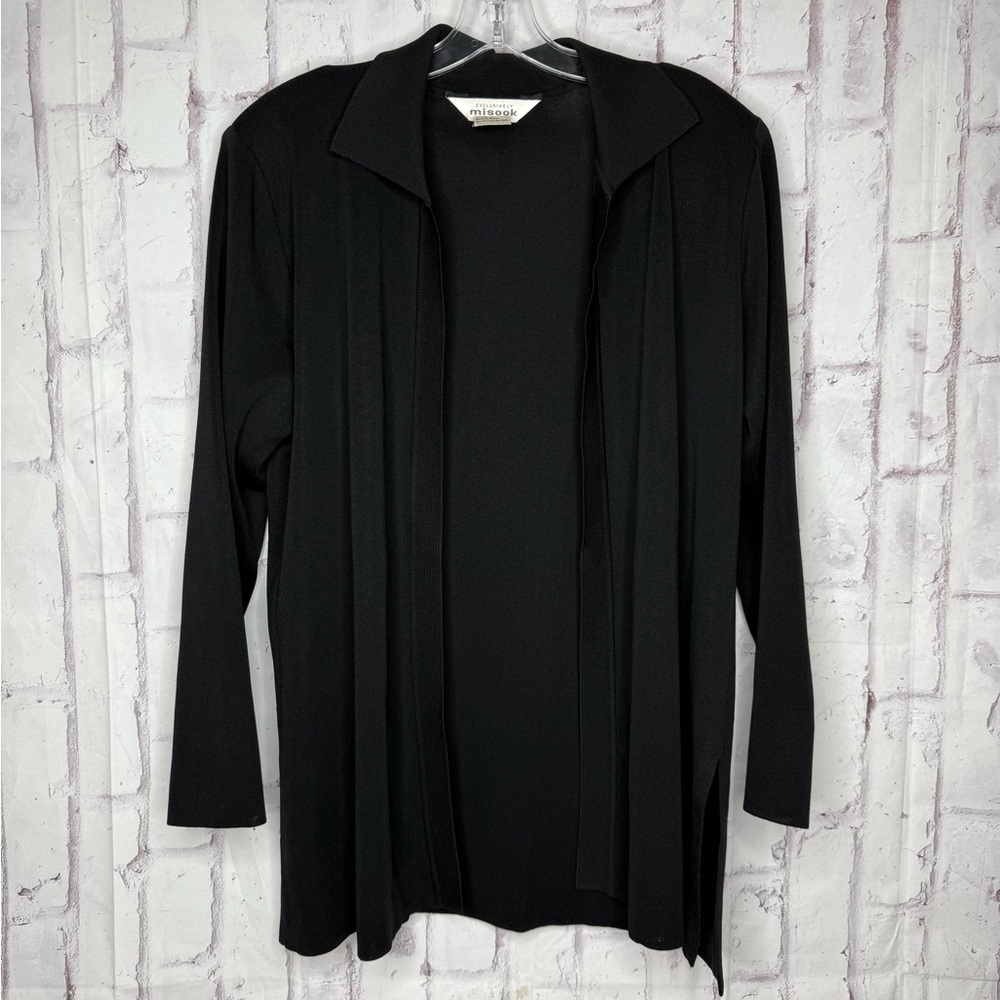 Exclusively Misook Open Front Knit Cardigan Large Black Career Collar Minimalist